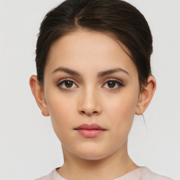 Neutral white young-adult female with short  brown hair and brown eyes