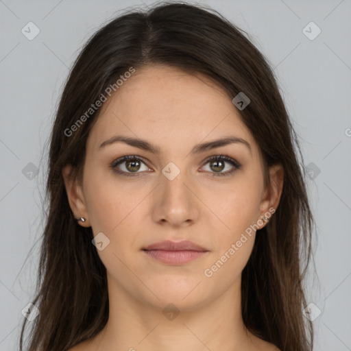 Neutral white young-adult female with long  brown hair and brown eyes