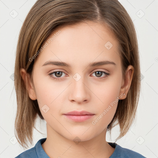 Neutral white young-adult female with medium  brown hair and grey eyes