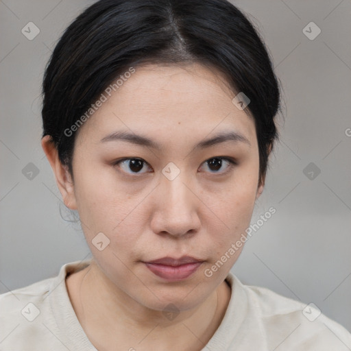 Neutral white young-adult female with medium  brown hair and brown eyes