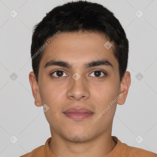 Neutral latino young-adult male with short  brown hair and brown eyes