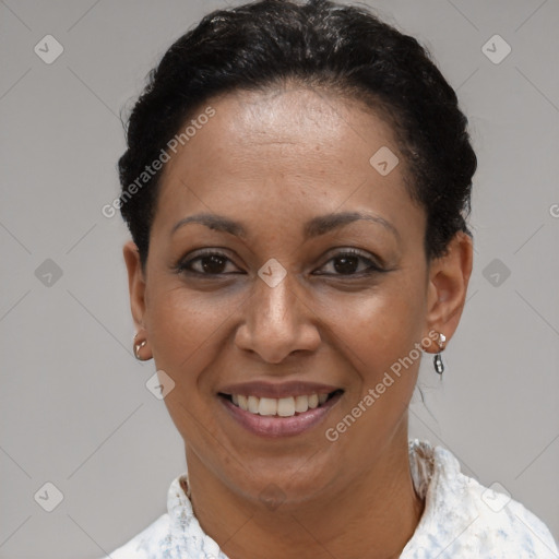 Joyful latino young-adult female with short  brown hair and brown eyes