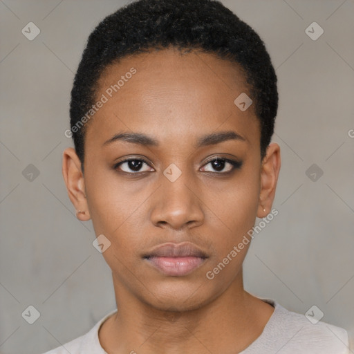 Neutral latino young-adult female with short  black hair and brown eyes