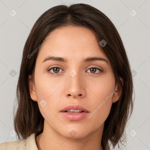 Neutral white young-adult female with medium  brown hair and brown eyes