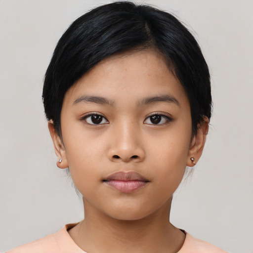 Neutral asian child female with short  black hair and brown eyes