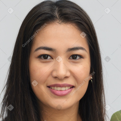 Joyful white young-adult female with long  brown hair and brown eyes