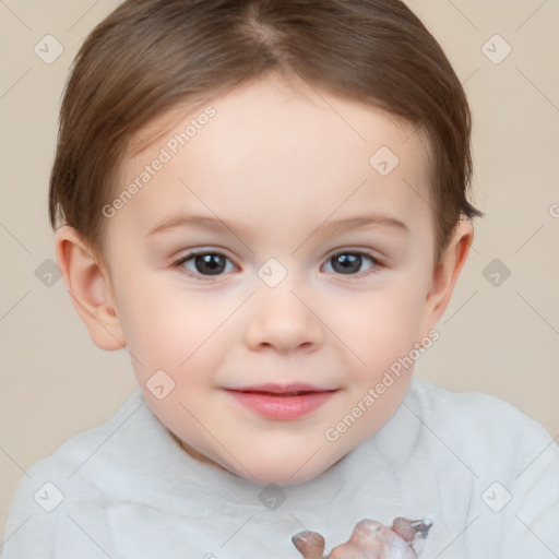 Joyful white child female with short  brown hair and brown eyes