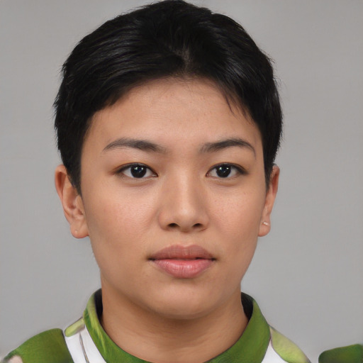 Neutral asian young-adult female with short  black hair and brown eyes
