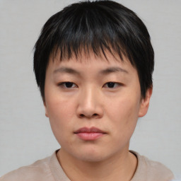 Neutral asian young-adult female with short  brown hair and brown eyes