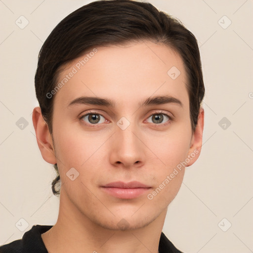 Neutral white young-adult male with short  brown hair and brown eyes