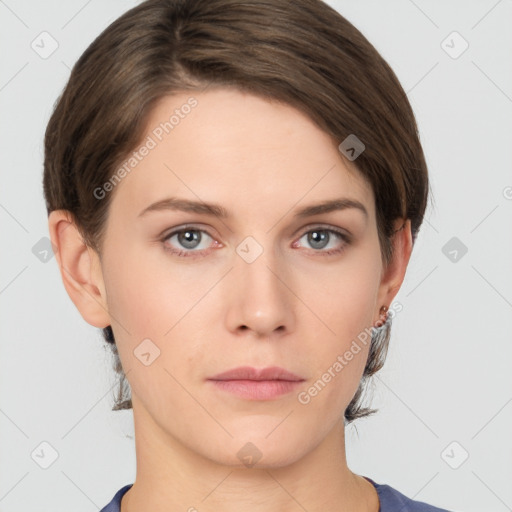 Neutral white young-adult female with short  brown hair and grey eyes