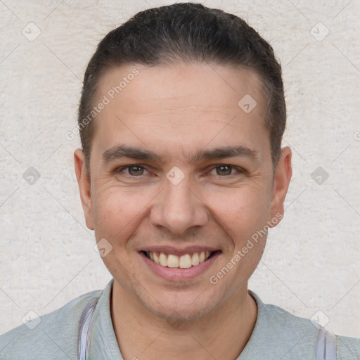 Joyful white young-adult male with short  brown hair and brown eyes