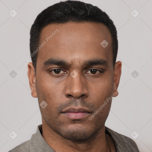 Neutral latino young-adult male with short  black hair and brown eyes
