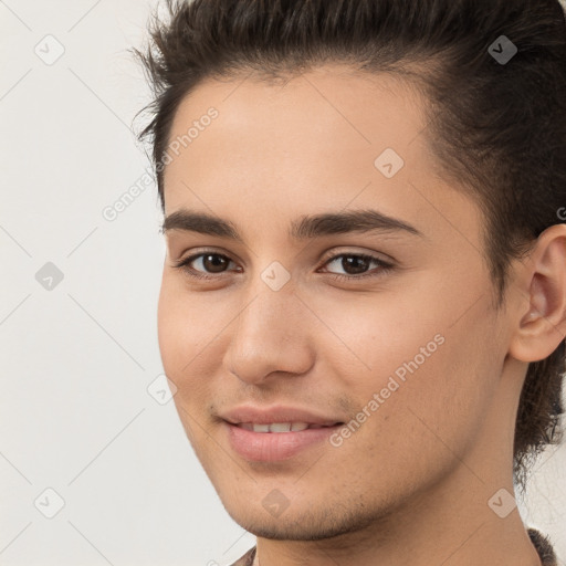 Joyful white young-adult male with medium  brown hair and brown eyes