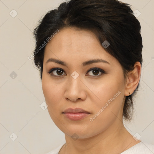 Neutral asian young-adult female with medium  brown hair and brown eyes