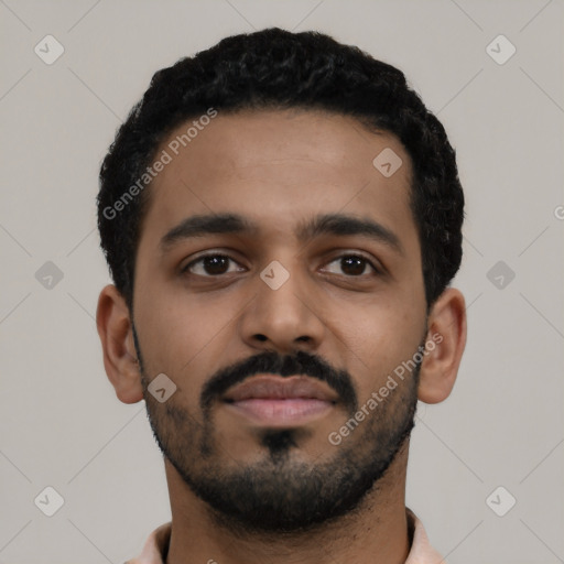 Neutral latino young-adult male with short  black hair and brown eyes