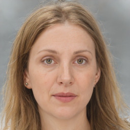 Joyful white adult female with long  brown hair and grey eyes