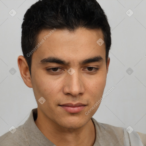 Neutral asian young-adult male with short  black hair and brown eyes