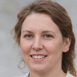 Joyful white adult female with medium  brown hair and grey eyes