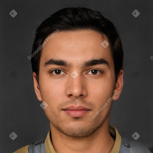 Neutral white young-adult male with short  black hair and brown eyes