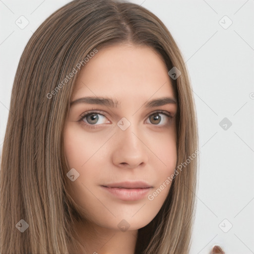 Neutral white young-adult female with long  brown hair and brown eyes