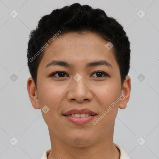 Joyful latino young-adult female with short  brown hair and brown eyes