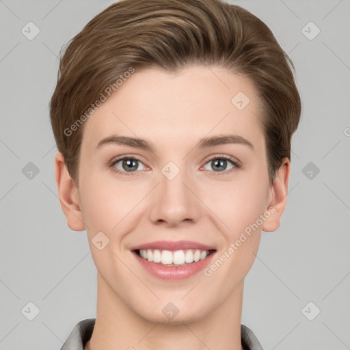 Joyful white young-adult female with short  brown hair and grey eyes