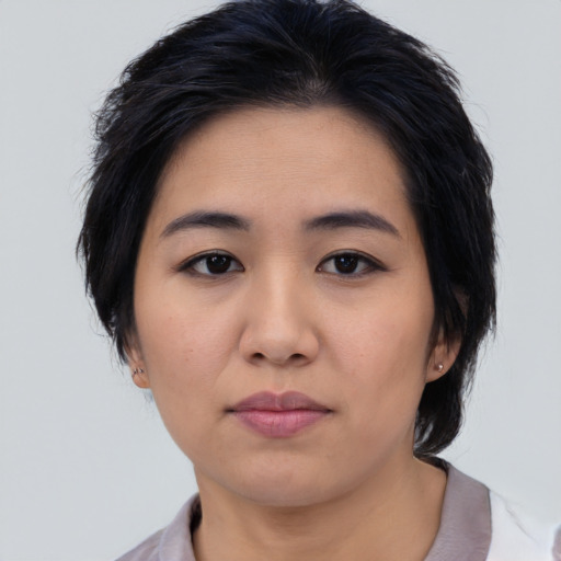 Neutral asian young-adult female with medium  black hair and brown eyes