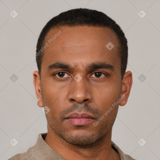 Neutral latino young-adult male with short  black hair and brown eyes