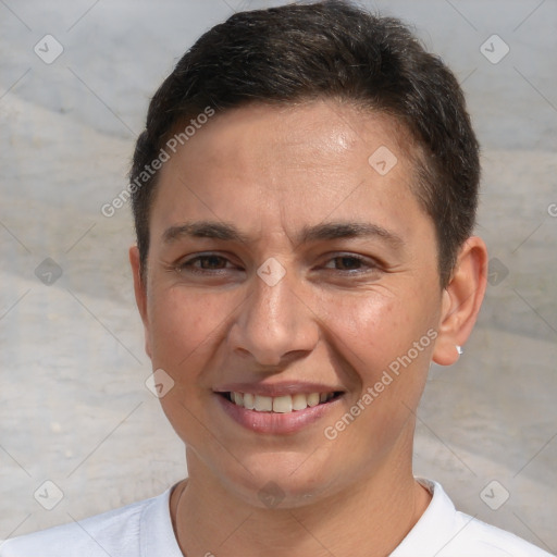 Joyful white adult female with short  brown hair and brown eyes