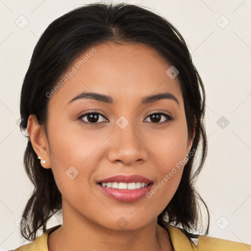 Joyful white young-adult female with long  brown hair and brown eyes