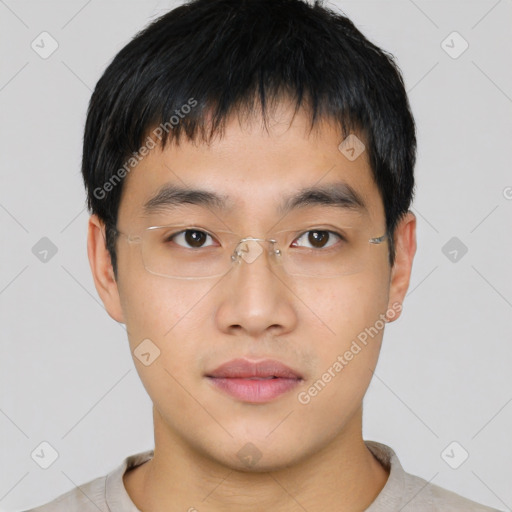 Neutral asian young-adult male with short  black hair and brown eyes