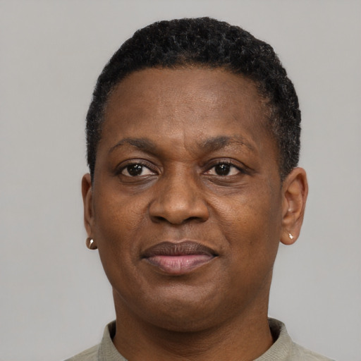 Joyful black adult female with short  black hair and brown eyes