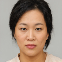 Neutral asian young-adult female with medium  brown hair and brown eyes