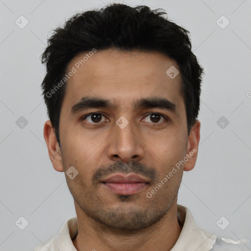 Neutral latino young-adult male with short  black hair and brown eyes