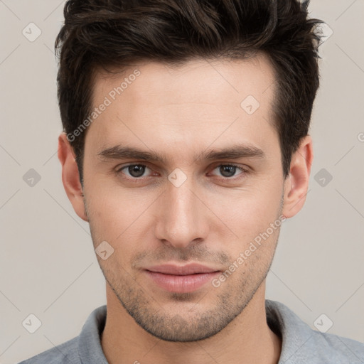 Neutral white young-adult male with short  brown hair and brown eyes