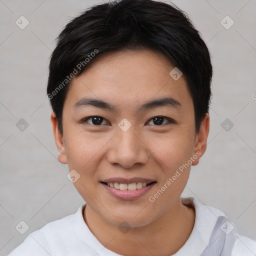 Joyful asian young-adult female with short  brown hair and brown eyes