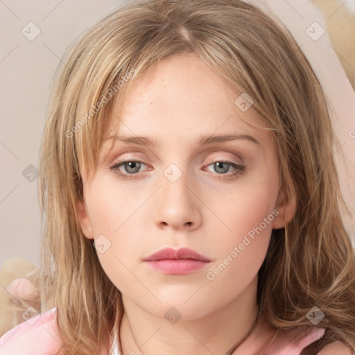 Neutral white young-adult female with medium  brown hair and grey eyes