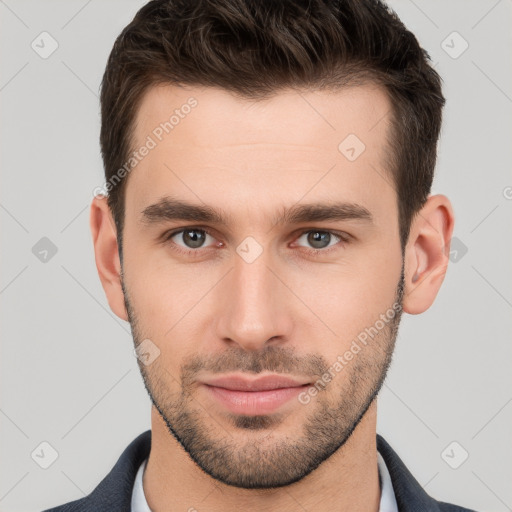 Neutral white young-adult male with short  brown hair and brown eyes