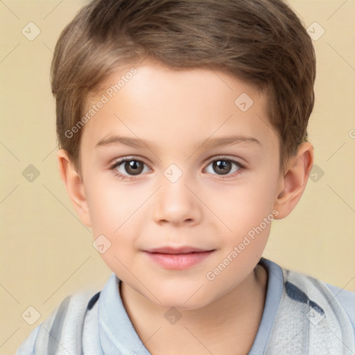 Joyful white child male with short  brown hair and brown eyes