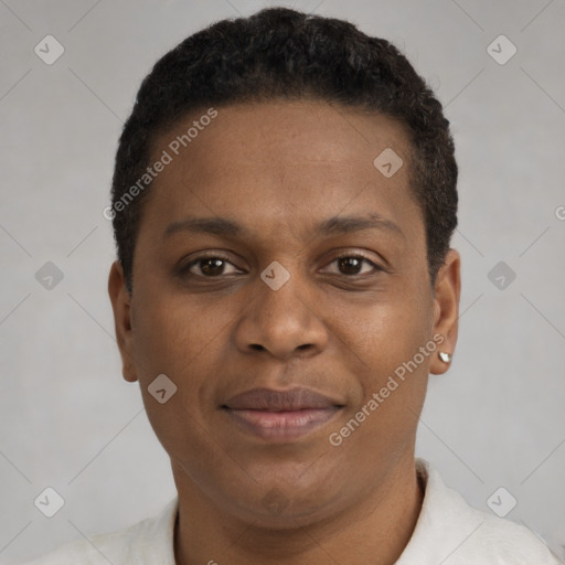 Joyful black young-adult male with short  brown hair and brown eyes