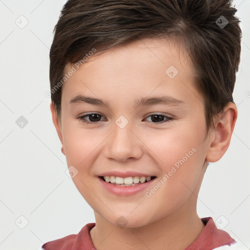 Joyful white child female with short  brown hair and brown eyes