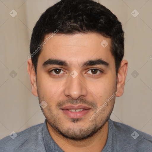 Joyful white young-adult male with short  black hair and brown eyes