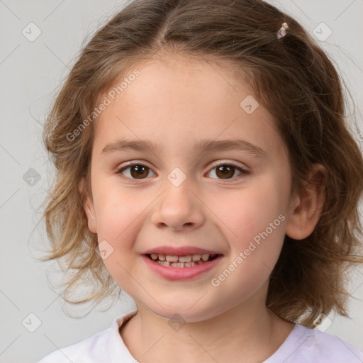 Joyful white child female with medium  brown hair and brown eyes