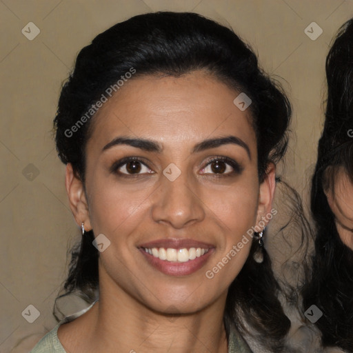 Joyful latino young-adult female with medium  black hair and brown eyes