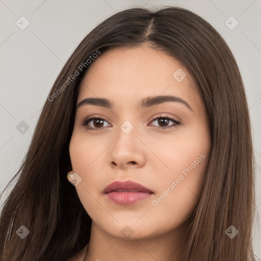 Neutral white young-adult female with long  brown hair and brown eyes