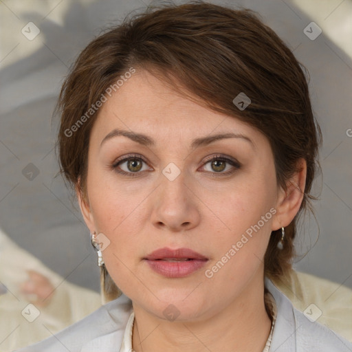 Neutral white young-adult female with medium  brown hair and brown eyes