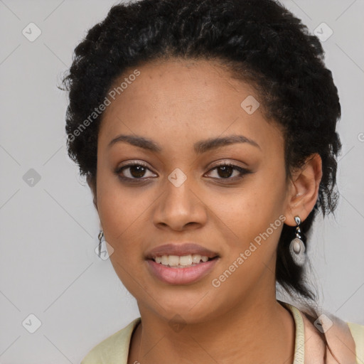 Joyful latino young-adult female with short  black hair and brown eyes