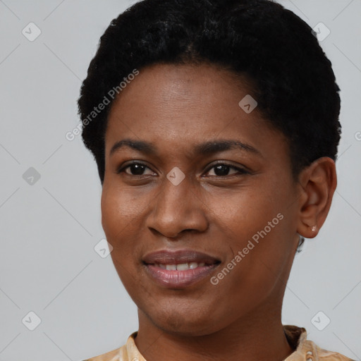 Joyful latino young-adult female with short  black hair and brown eyes