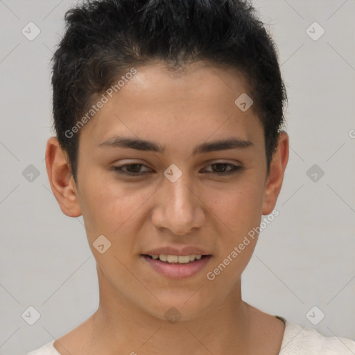 Joyful white young-adult female with short  brown hair and brown eyes